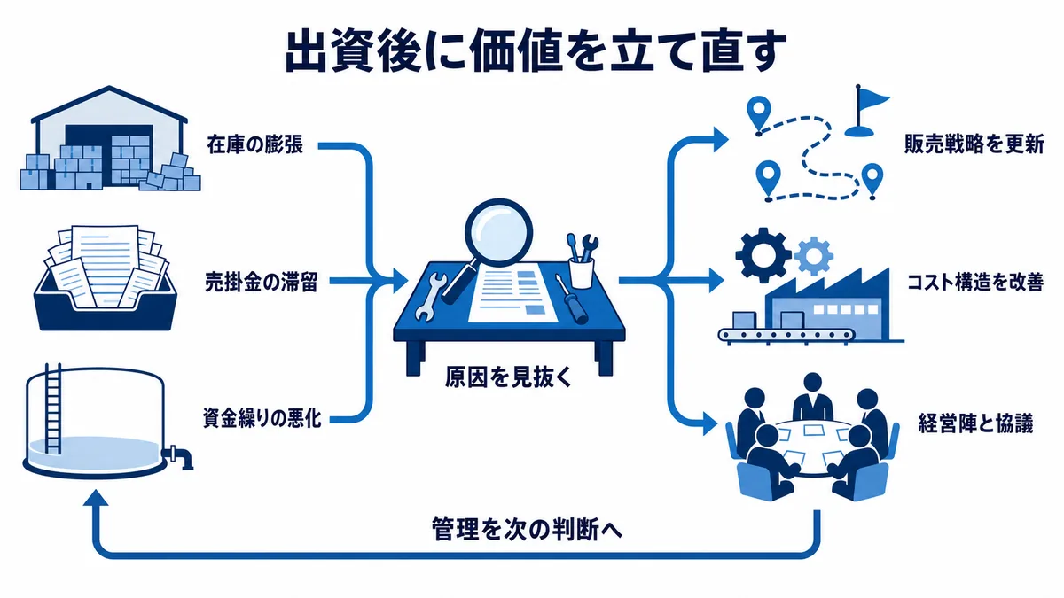 投資先の在庫、売掛金、資金繰りの異常から原因を診断し、販売戦略、コスト構造、経営陣との協議を通じて価値を立て直す管理工程図