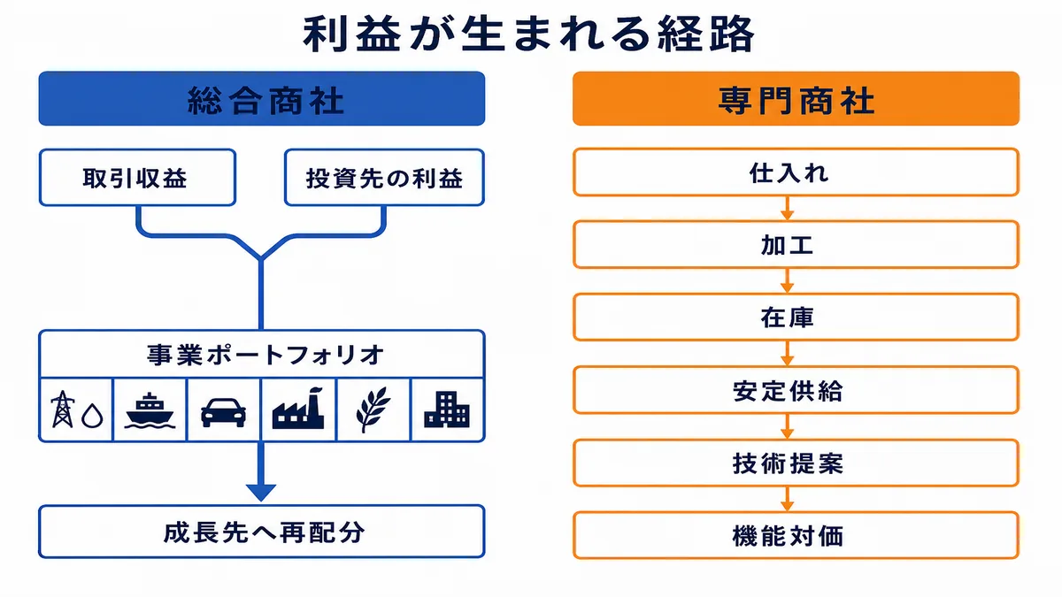 取引収益と投資先利益を事業ポートフォリオへ取り込み成長先へ再配分する総合商社と、仕入れ、加工、在庫、安定供給、技術提案の機能対価を得る専門商社の利益経路比較図