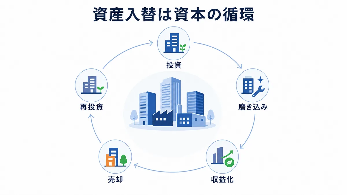 総合商社の資産入替を投資・磨き込み・収益化・売却・再投資の資本循環で示した図解