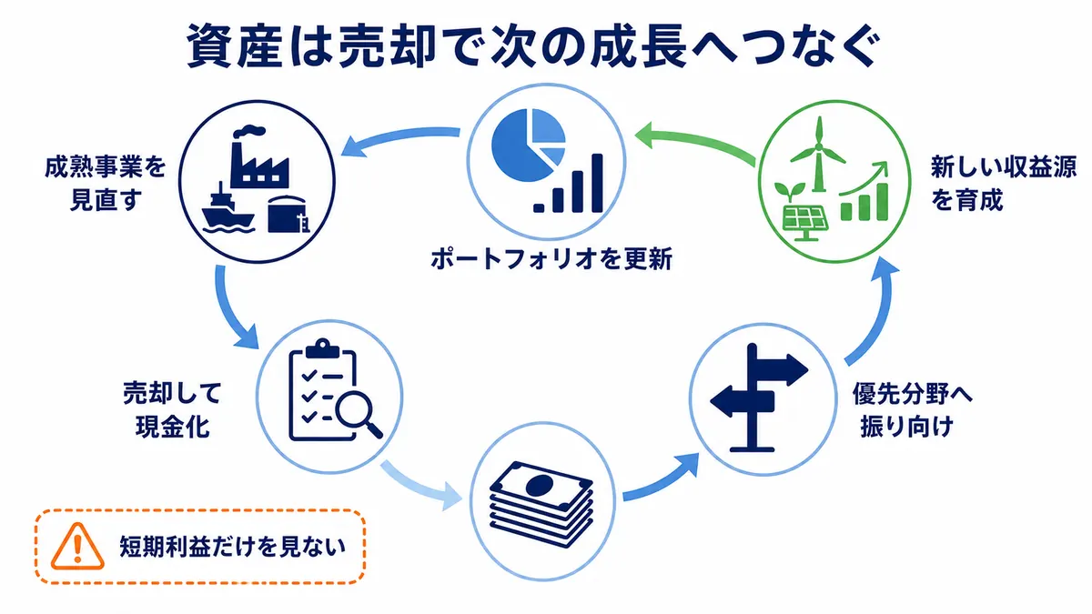 成熟事業の見直し、売却による現金化、優先分野への再配分、新しい収益源の育成を循環させる図