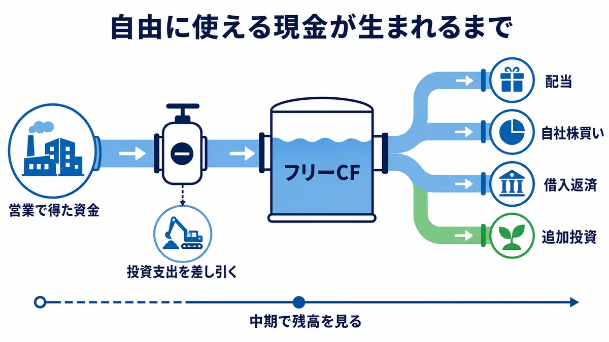 営業で得た資金から投資支出を差し引いてフリーキャッシュフローを形成し、配当、自社株買い、借入返済、追加投資へ配分する図