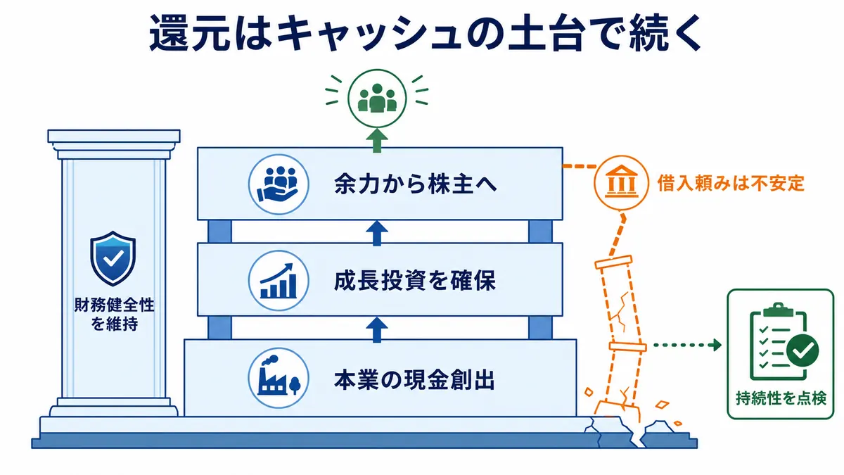 本業の現金創出を土台に成長投資を確保し、財務健全性を維持した余力から株主還元を行う構造