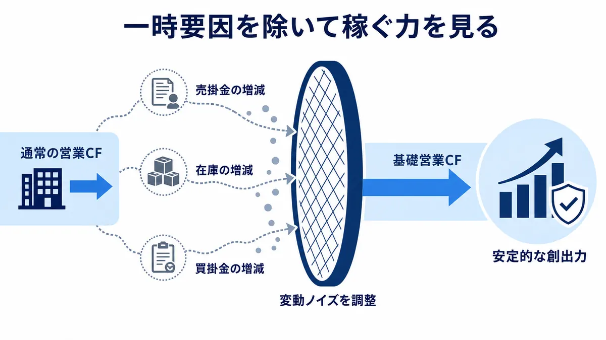 通常の営業キャッシュフローから売掛金、在庫、買掛金の変動を調整し、基礎営業キャッシュフローを見る図