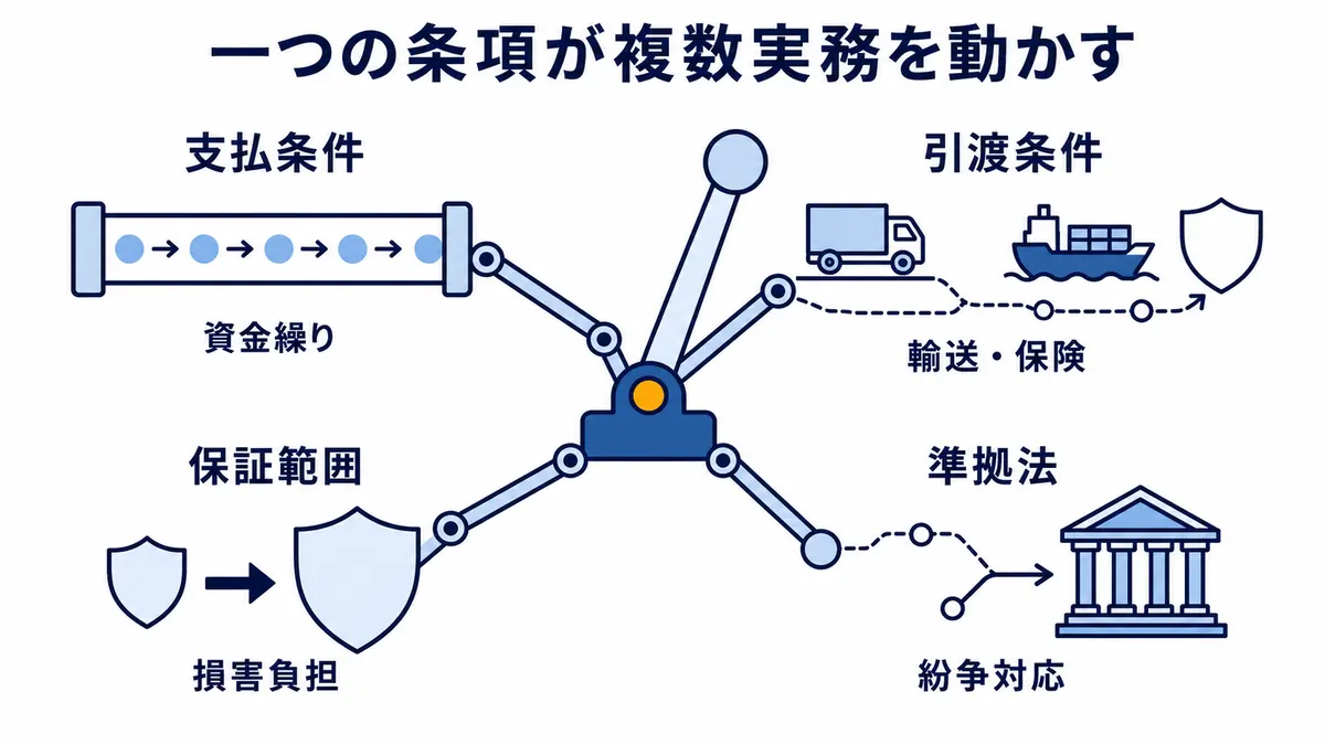 支払条件、引渡条件、保証範囲、準拠法の変更が資金繰り、輸送・保険、損害負担、紛争対応へ波及する関係