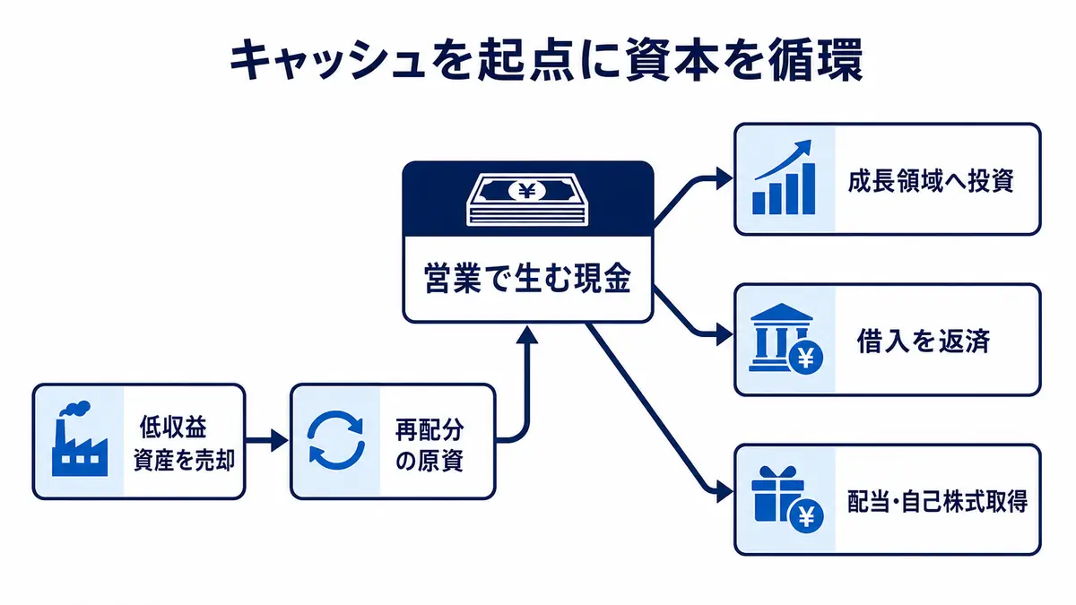 営業で生む現金を成長投資、借入返済、株主還元へ配分し、低収益資産の売却資金も再配分する循環