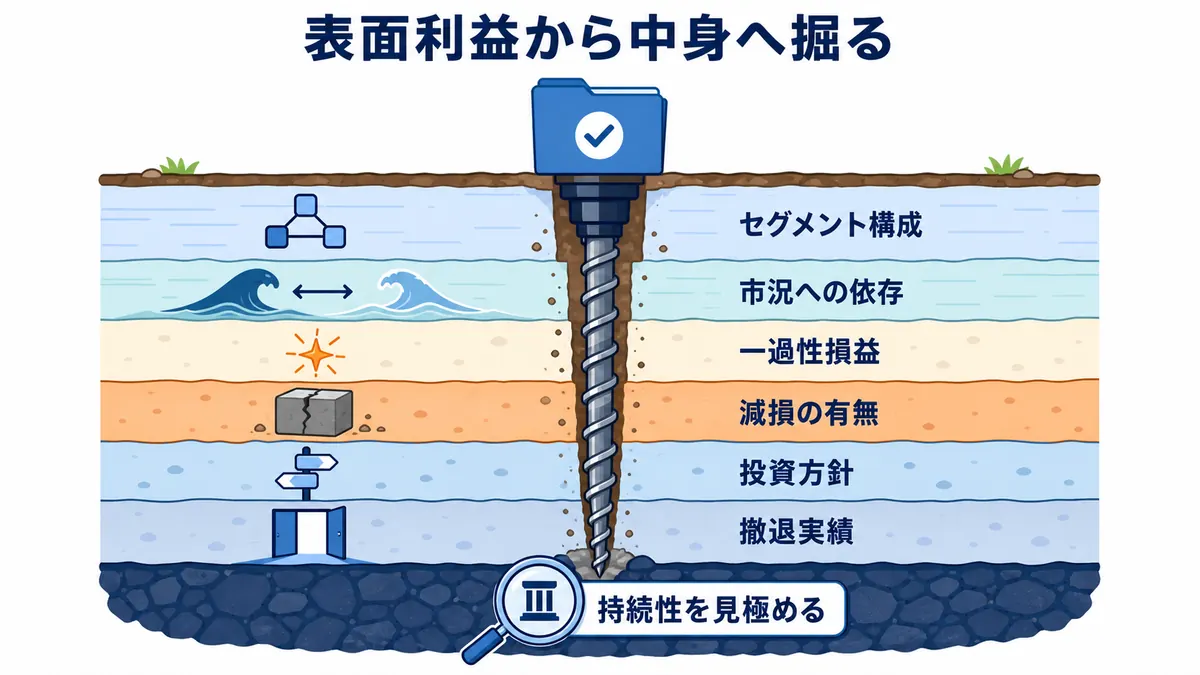 表面上の利益からセグメント構成、市況への依存、一過性損益、減損、投資方針、撤退実績へ順に掘り下げ、収益の持続性を見極める企業研究の図