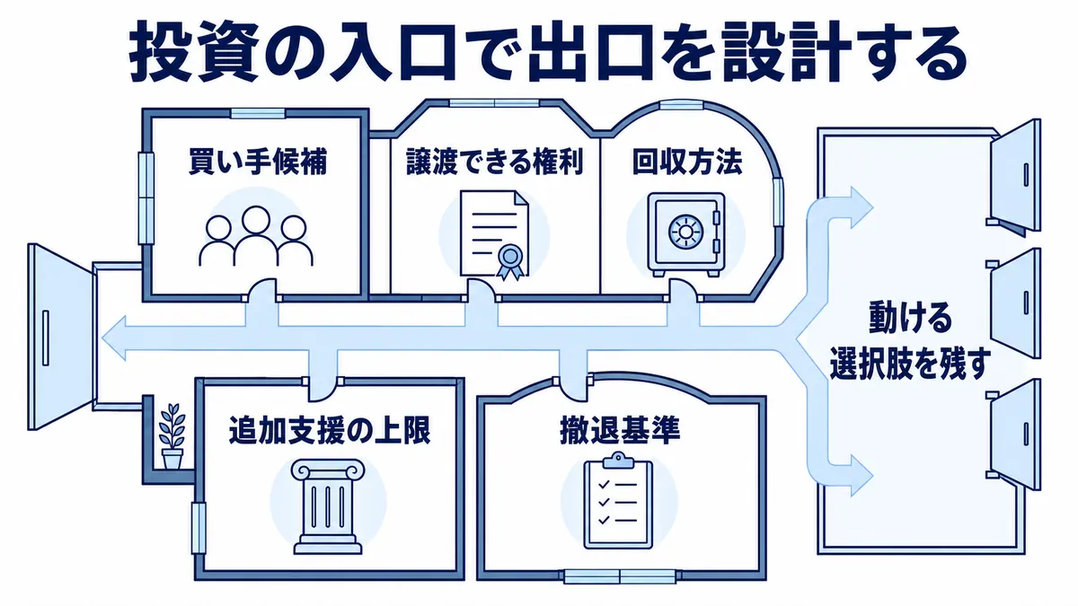 投資時点で買い手候補、譲渡権、回収方法、追加支援上限、撤退基準を設計して出口を確保する考え方