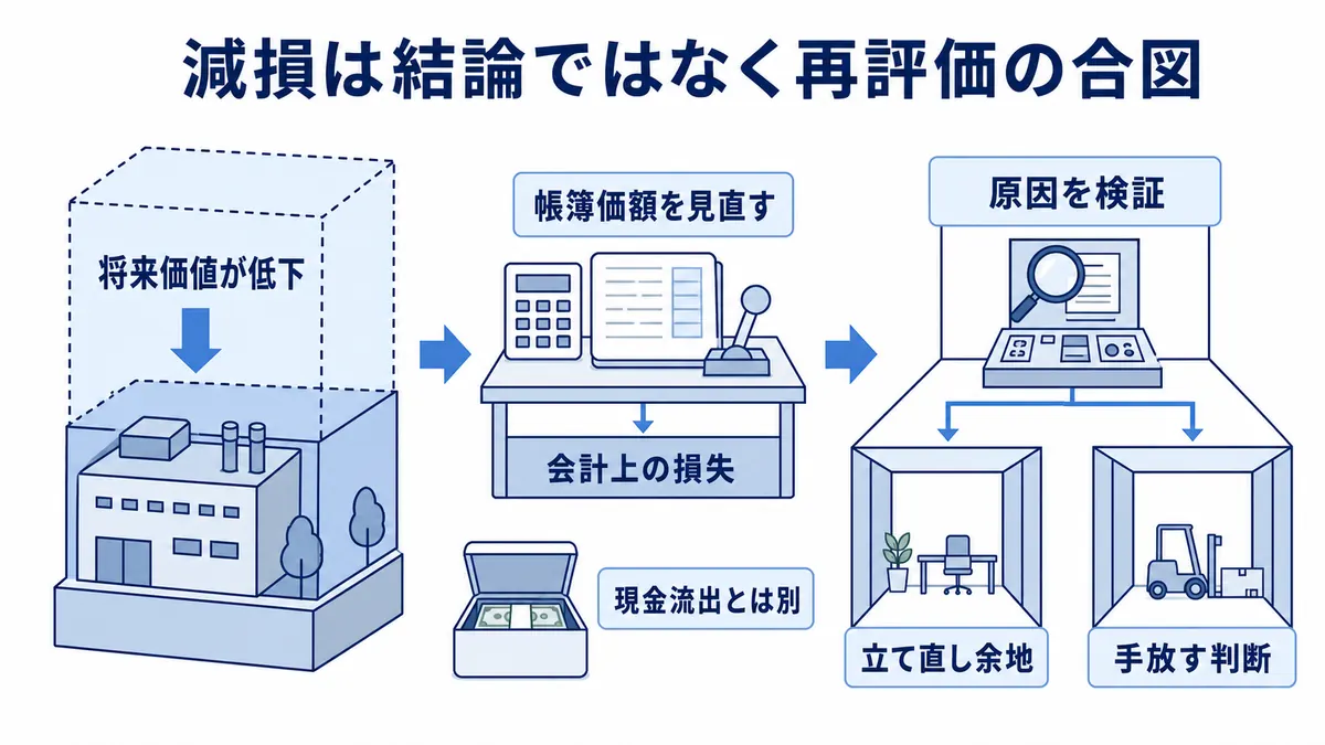 将来価値の低下を帳簿価額と会計損失へ反映した後、原因を検証して再建余地か売却判断へ進む構造