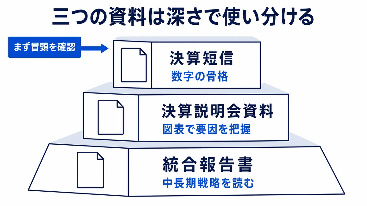 決算短信で数字の骨格を確認し、決算説明会資料で増減要因を把握し、統合報告書で中長期戦略へ読み進める資料の使い分け