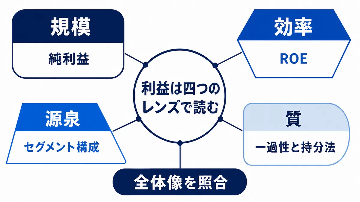 純利益で規模、ROEで効率、セグメント構成で利益源泉、一過性損益と持分法で利益の質を確認し、商社決算の全体像を照合する視点