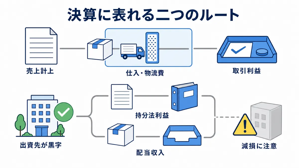 売上計上から仕入・物流費を差し引いて取引利益へ届くルートと、出資先の黒字が持分法利益や配当収入として届き減損にも注意する投資ルートを示す図