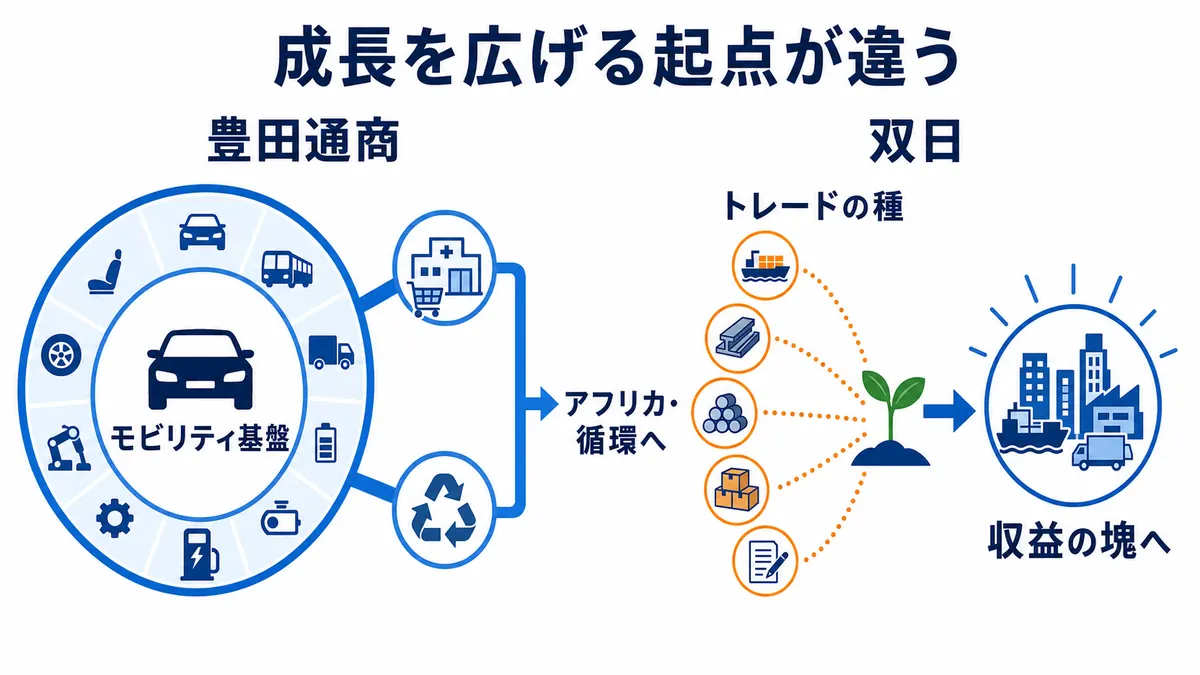 豊田通商がモビリティ基盤からアフリカと循環型事業へ広げる構造と、双日がトレードの種を育てて収益の塊へつなげる構造を比較する図