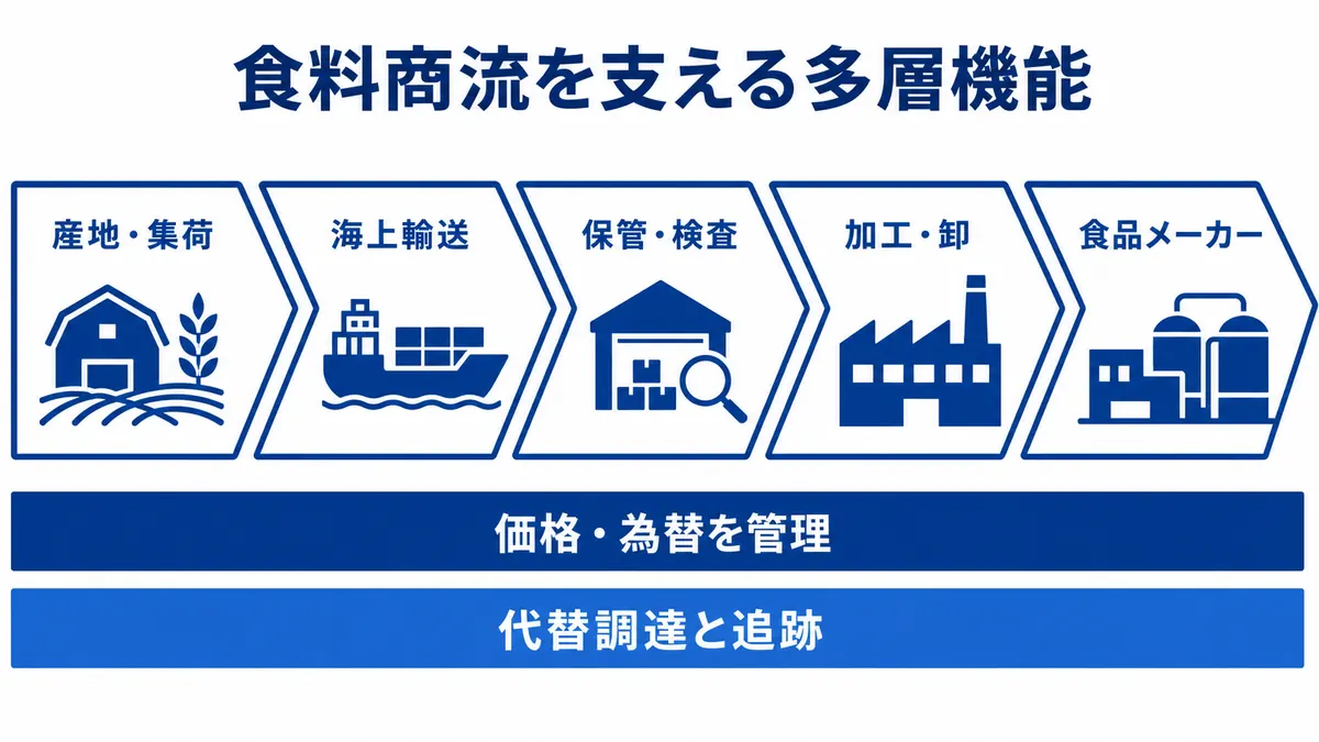 産地・集荷から海上輸送、保管・検査、加工・卸、食品メーカーへ進む食料商流を、価格・為替管理と代替調達・追跡が横断する図
