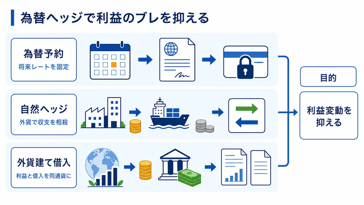 総合商社が為替予約、自然ヘッジ、外貨建て借入で通貨のズレと利益変動を抑える仕組みを示した図解