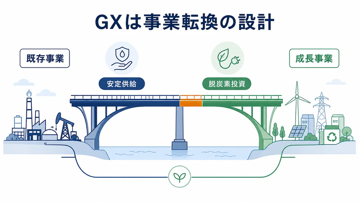 総合商社のGX戦略を既存事業の安定供給から脱炭素投資と成長事業へつなぐ橋で示した図解