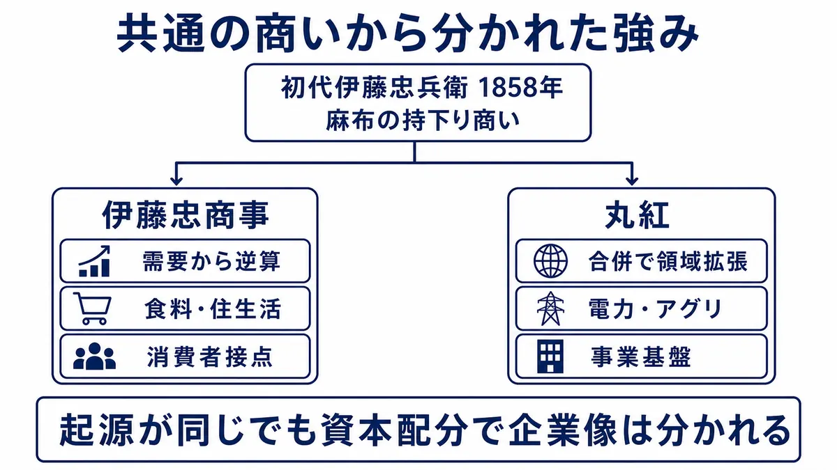 初代伊藤忠兵衛の持下り商いを共通の源流とする伊藤忠商事と丸紅が、異なる強みへ分かれた経路を示す図
