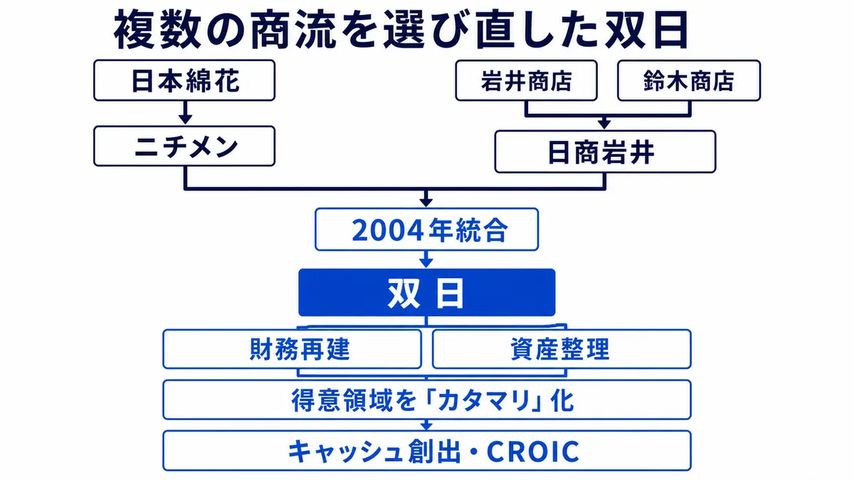 日本綿花からニチメン、岩井商店・鈴木商店から日商岩井を経て、2004年に双日へ統合した流れを示す図
