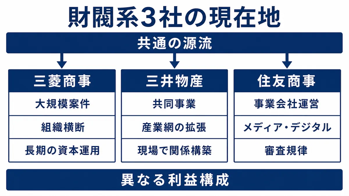 共通の歴史的源流を持つ三菱商事・三井物産・住友商事の現在の特色と利益構成の違いを比較した図
