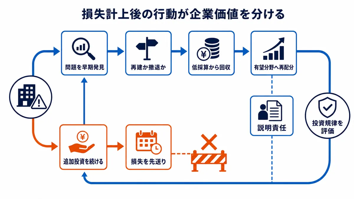 問題の早期発見から再建・撤退、資本回収、再配分へ進む経路と、追加投資と損失先送りの経路を示す図
