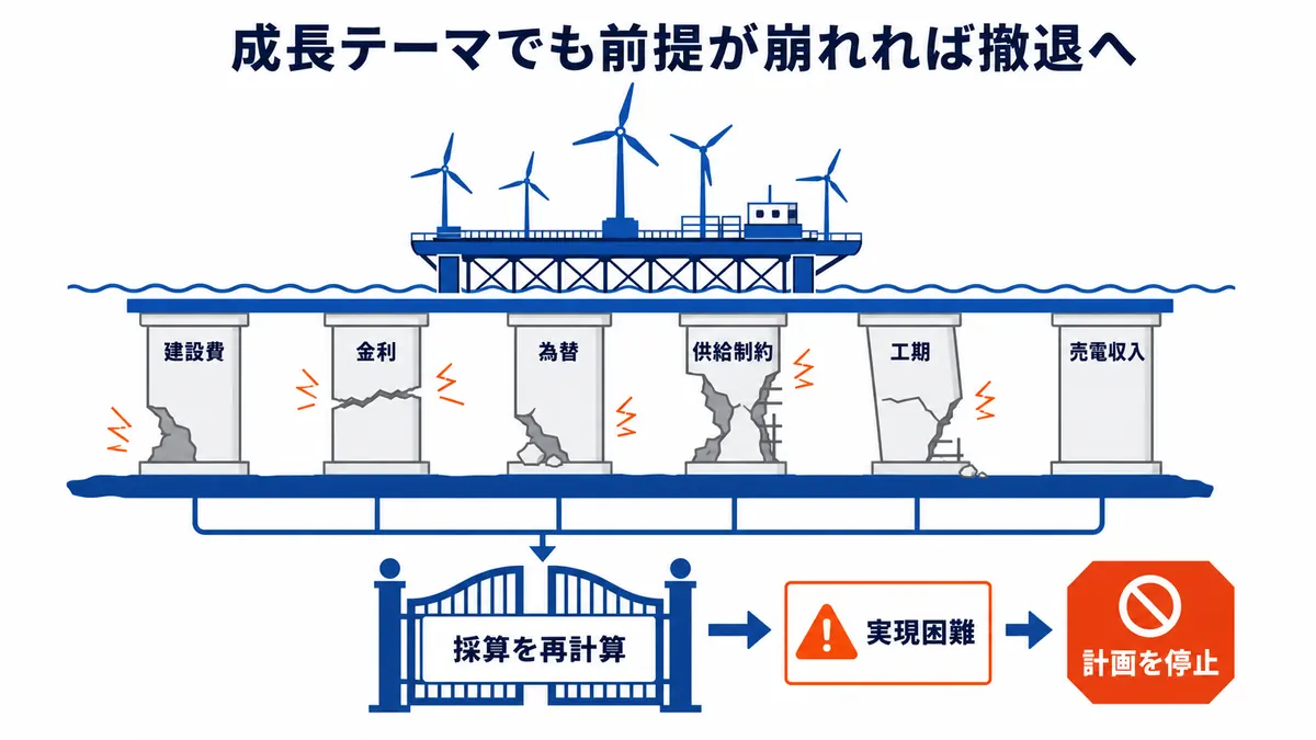 洋上風力事業を支える建設費、金利、為替、供給制約、工期、売電収入の前提が崩れ、採算再計算から計画停止へ進む図