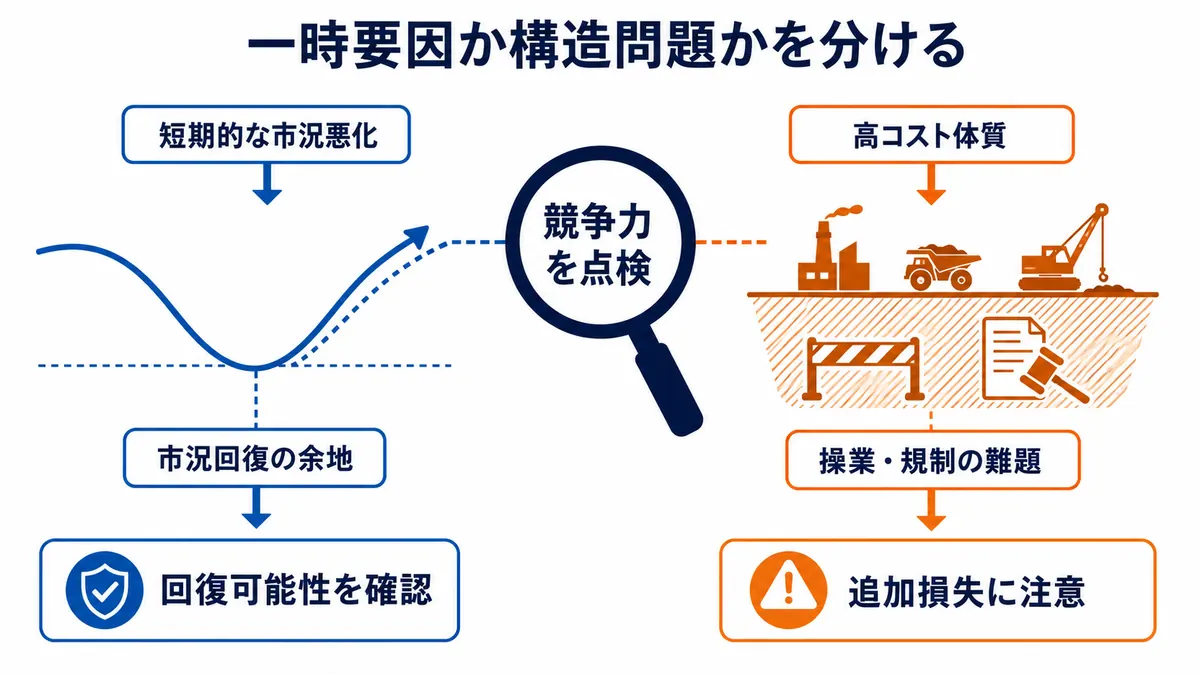 短期的な市況悪化と、高コスト体質や操業・規制の難題を分けて競争力を点検する図