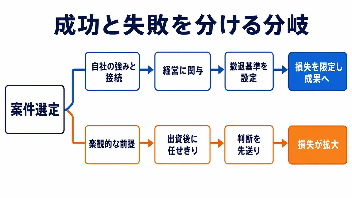 案件選定後に自社の強み、経営関与、撤退基準を備える経路と、楽観前提、任せきり、判断先送りで損失が拡大する経路の比較