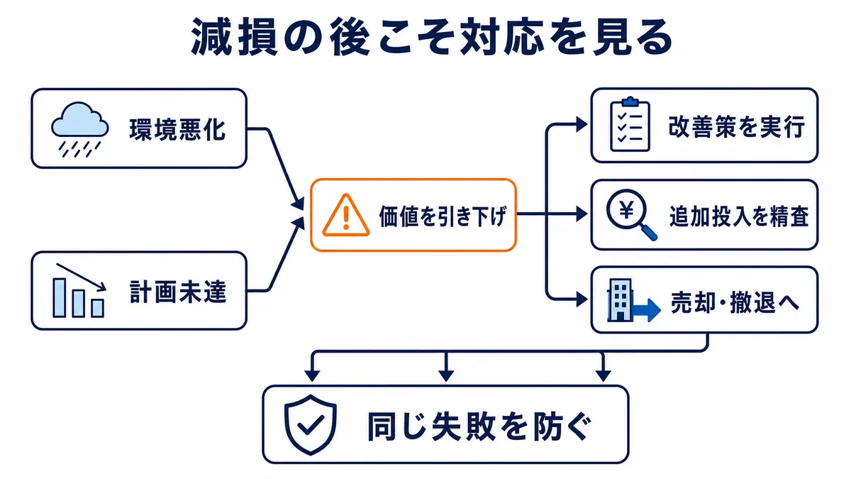 事業環境の悪化や計画未達から減損を認識した後、改善、追加投資の精査、売却・撤退を判断する図