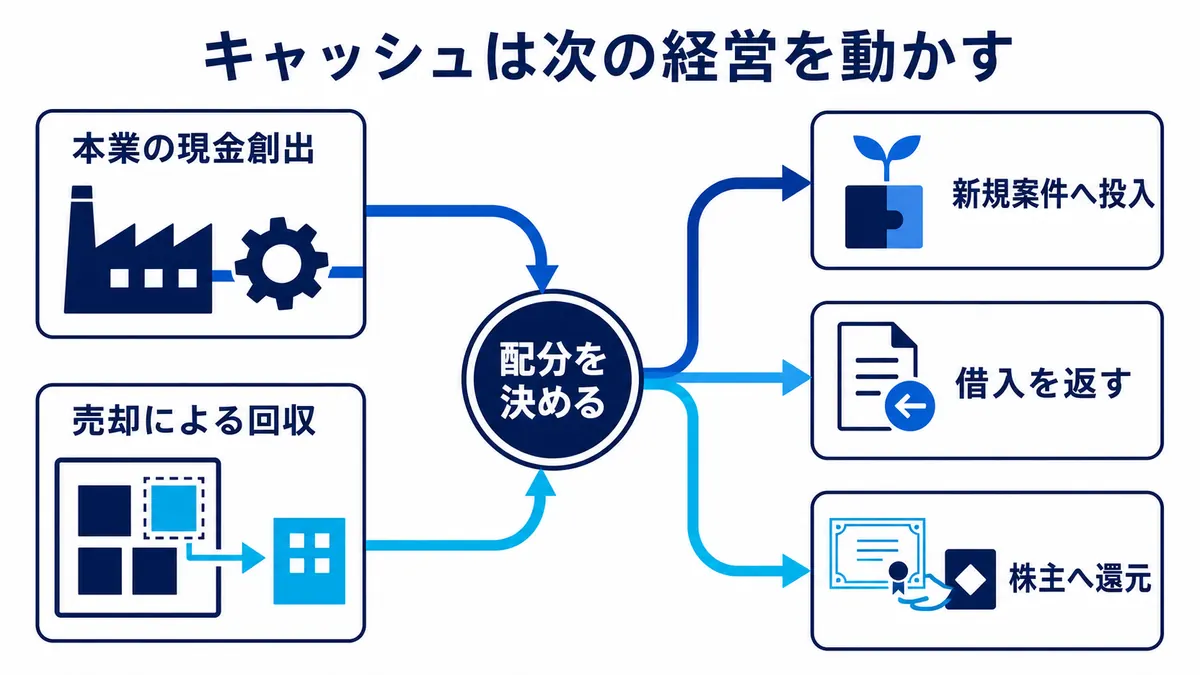 本業の現金創出と売却回収を、成長投資・借入返済・株主還元へ配分する構造