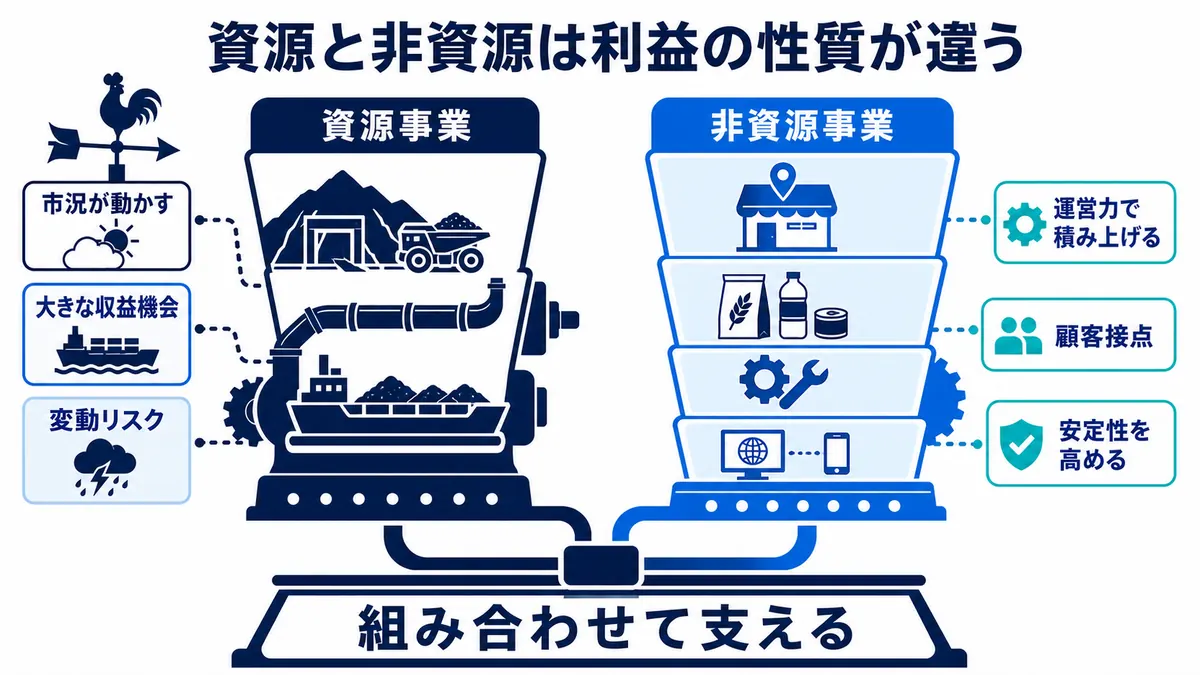 市況変動の影響が大きい資源事業と、運営力・顧客接点で安定収益を積み上げる非資源事業の違い