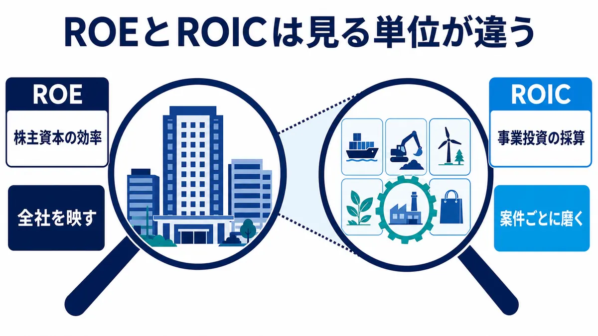 ROEで株主資本に対する全社効率を見て、ROICで投下資本に対する事業別採算を見る違い