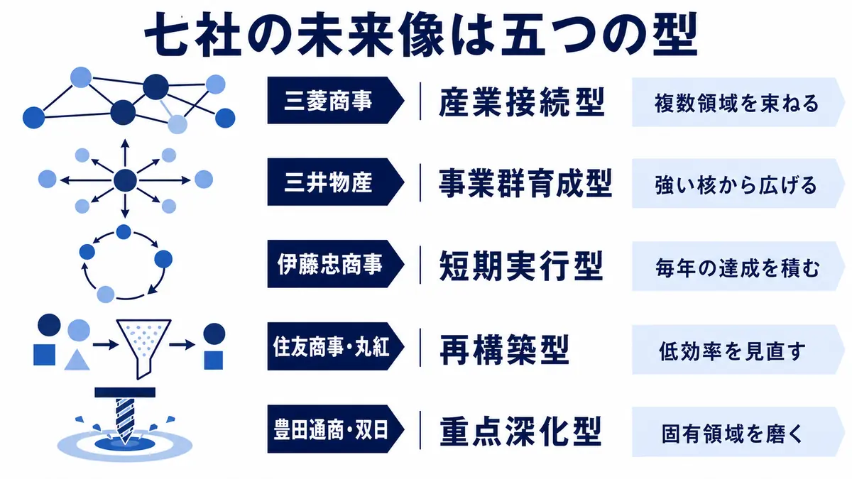 七大商社の未来像を、産業接続、事業群育成、短期実行、再構築、重点深化の五つの型に整理した比較