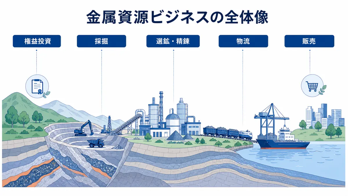 総合商社の金属資源ビジネスを権益投資・採掘・選鉱精錬・物流・販売で示した断面図解