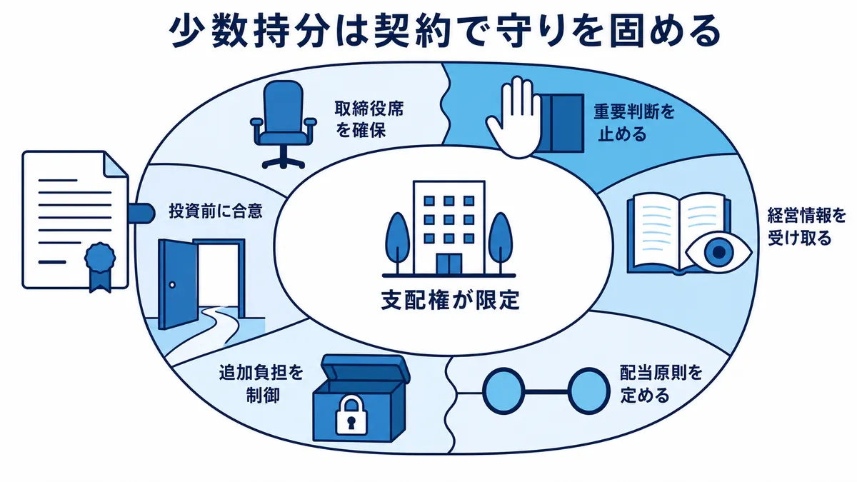 少数持分の支配力不足を取締役席、拒否権、情報、配当、追加負担、出口条件の契約で補う仕組み