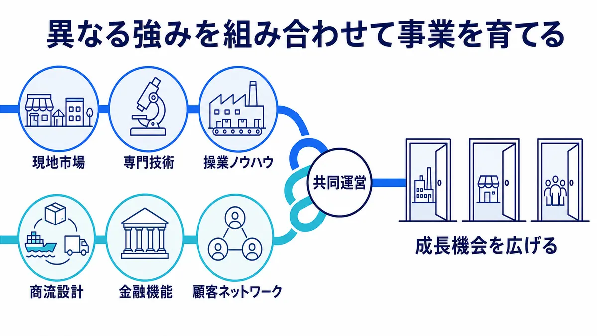 パートナーの現地市場・専門技術・操業力と、総合商社の商流・金融・顧客網を共同運営につなぐ構造