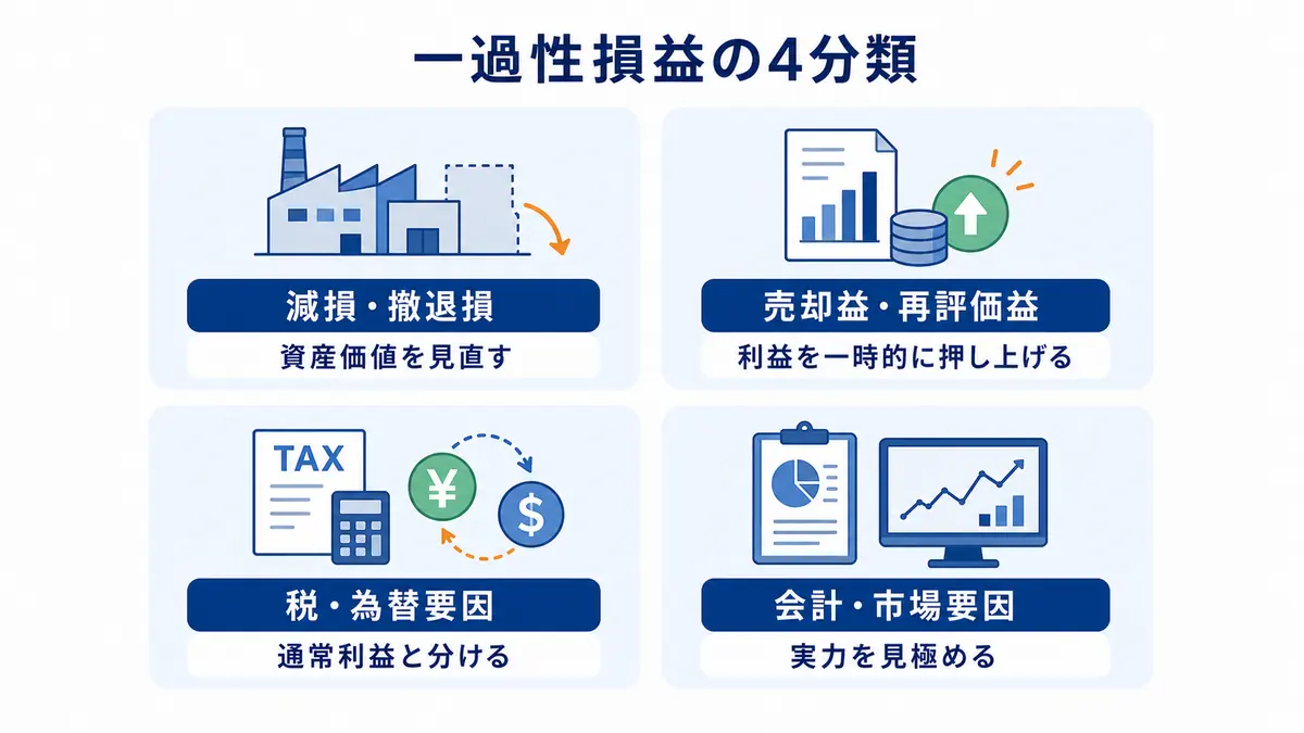 総合商社の一過性損益を減損・売却益・税為替・会計市場要因の4分類で示した図解