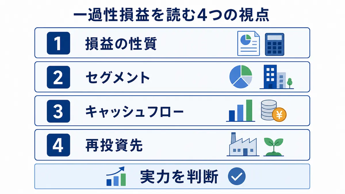 総合商社の一過性損益を損益の性質・セグメント・キャッシュフロー・再投資先の順で読む図解