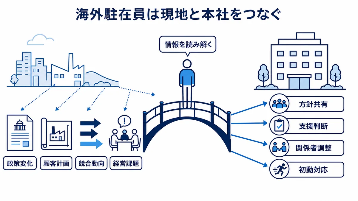 海外駐在員が現地の政策変化、顧客計画、競合動向、経営課題を読み解き、本社との方針共有、支援判断、関係者調整、初動対応へつなげる役割図