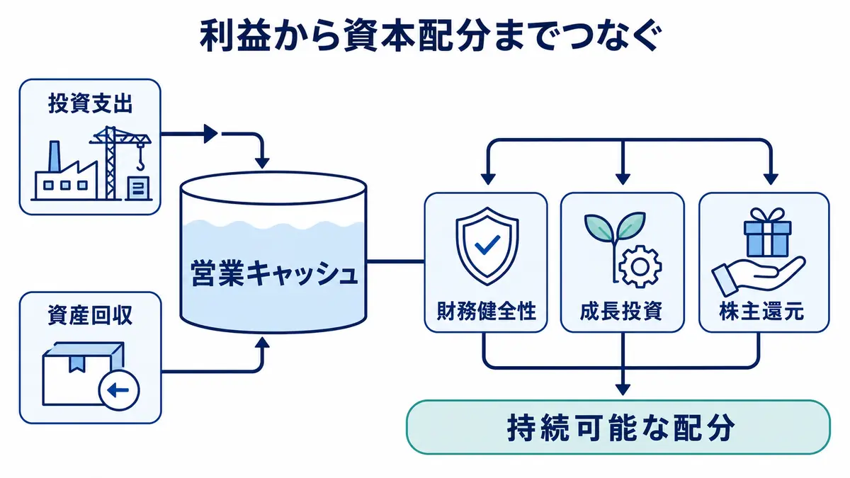 営業キャッシュと投資支出、資産回収の関係から、財務健全性、成長投資、株主還元へ資本を配分する構造