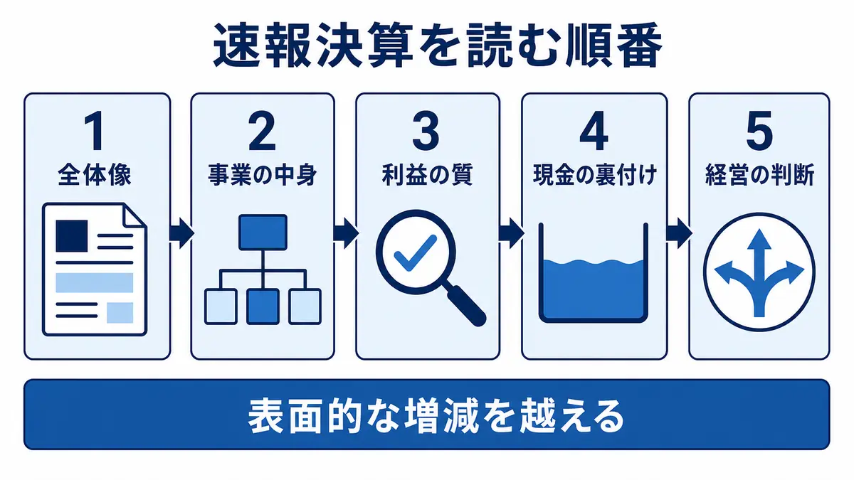 速報決算を全体像、事業の中身、利益の質、現金の裏付け、経営判断の順に確認するロードマップ