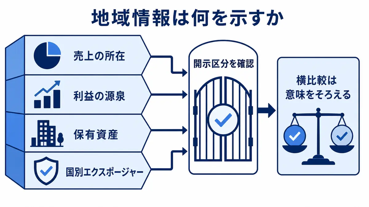 地域別の売上、利益、資産、国別エクスポージャーは異なる情報であり、開示区分を確認して比較する必要を示す図