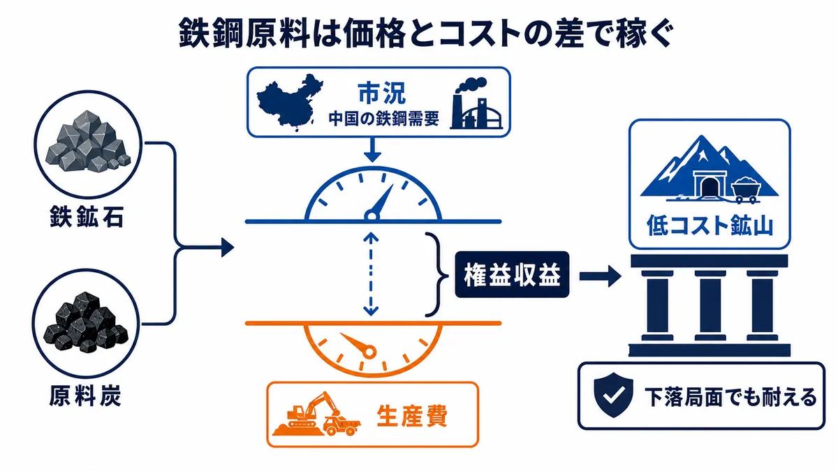 鉄鉱石と原料炭の市況から生産費を引いた差が権益収益となり、低コスト鉱山が下落耐性を支える構造を示す図