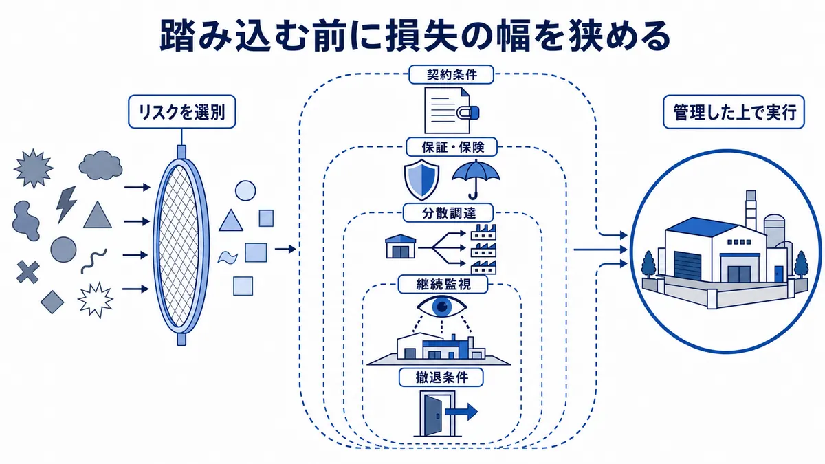 事業リスクを選別し、契約条件、保証・保険、分散調達、継続監視、撤退条件の防護層で損失を限定したうえで実行する構造図