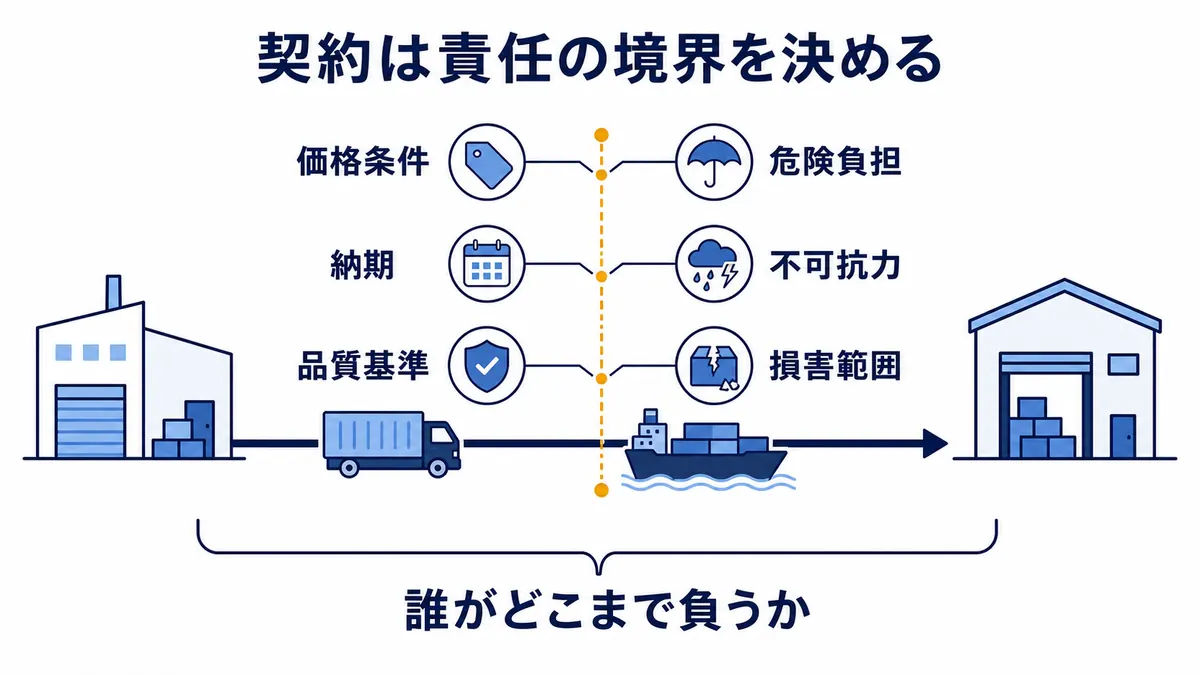 価格、納期、品質、危険負担、不可抗力、損害範囲の契約条項が取引当事者の責任境界を決める構造