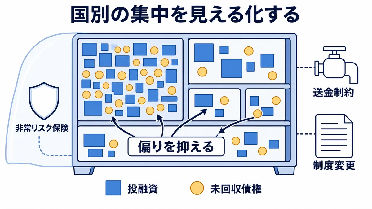 国ごとの投融資と未回収債権に送金制約や制度変更の影響を重ね、保険と分散で集中を抑える管理構造