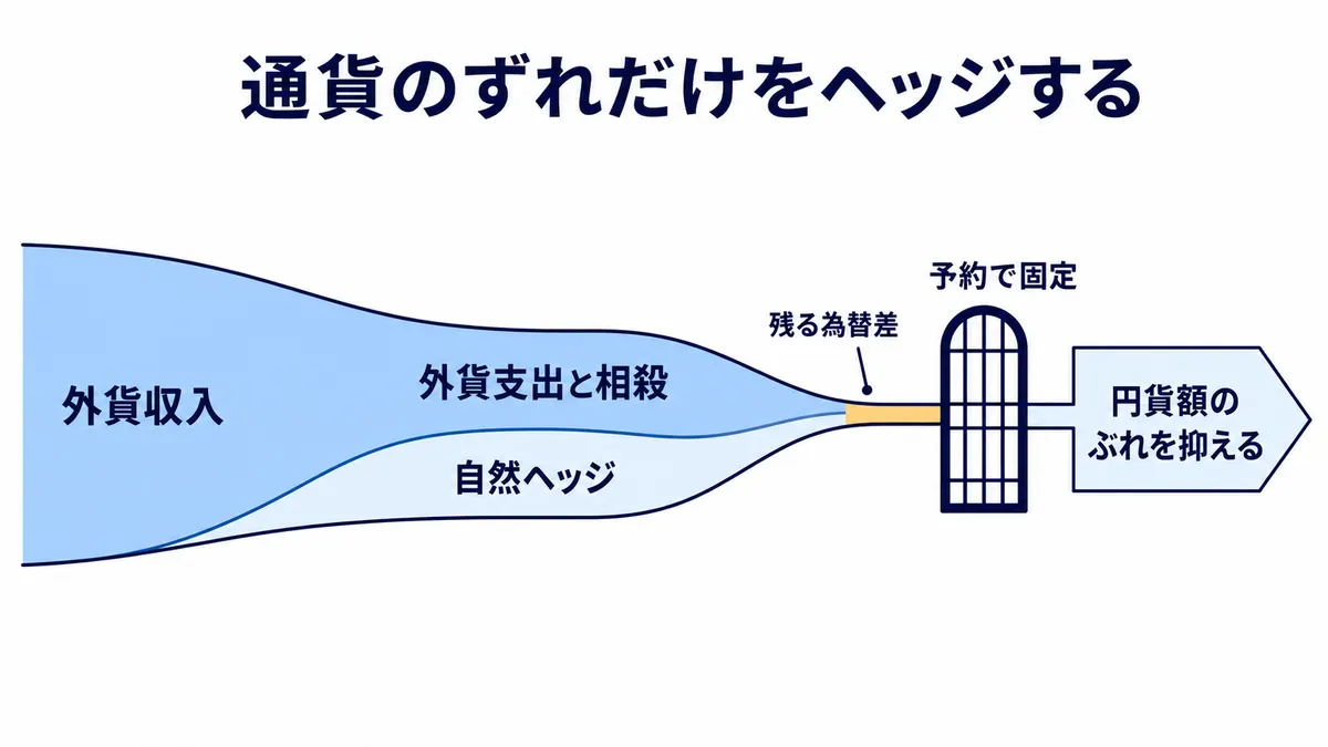 外貨収入を外貨支出と自然ヘッジで相殺し、残る為替差だけを為替予約で固定して円貨額の変動を抑える流れ