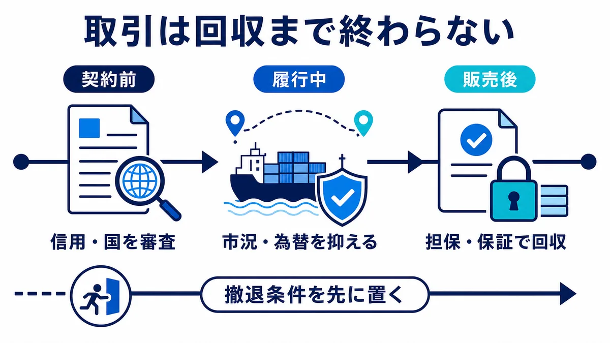 契約前に信用と国を審査し、履行中は市況と為替を管理し、販売後は担保と保証で回収しながら撤退条件も事前に定めるリスク管理工程図