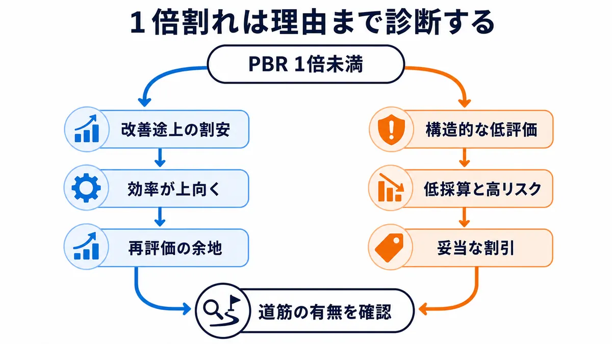 PBR1倍割れを、効率改善による再評価余地と、低採算・高リスクによる構造的な低評価に分けて診断する図