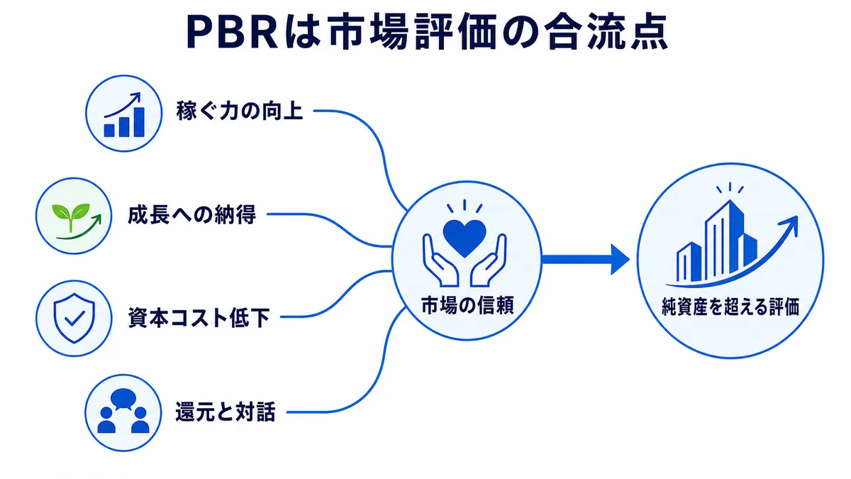 稼ぐ力、成長期待、資本コスト、還元と対話が市場の信頼へ合流し、PBR評価につながる図