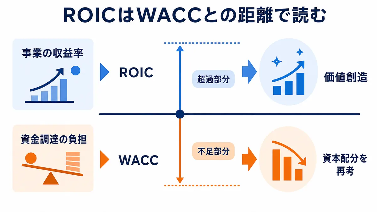 ROICとWACCの距離を分水嶺として、超過部分の価値創造と不足部分の資本配分再考を示す図