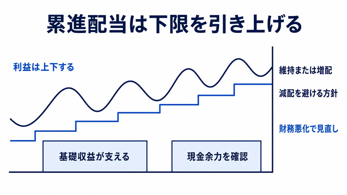 変動する利益の波に対して配当を維持または増やす下限線を、基礎収益と現金余力が支え、財務悪化時には方針を見直す構造